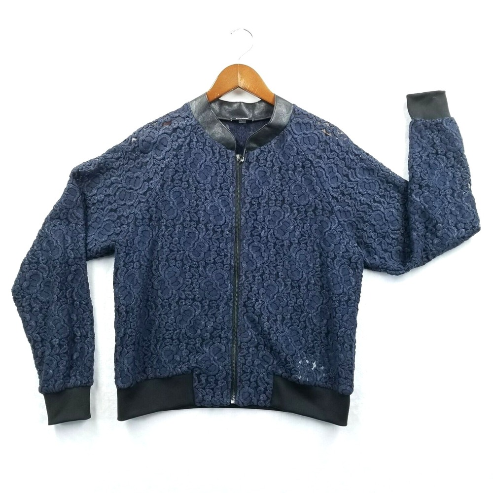 Stella & Dot Jacket Women L Blue Lace Full Zip Bomber Faux Leather‎ Trim